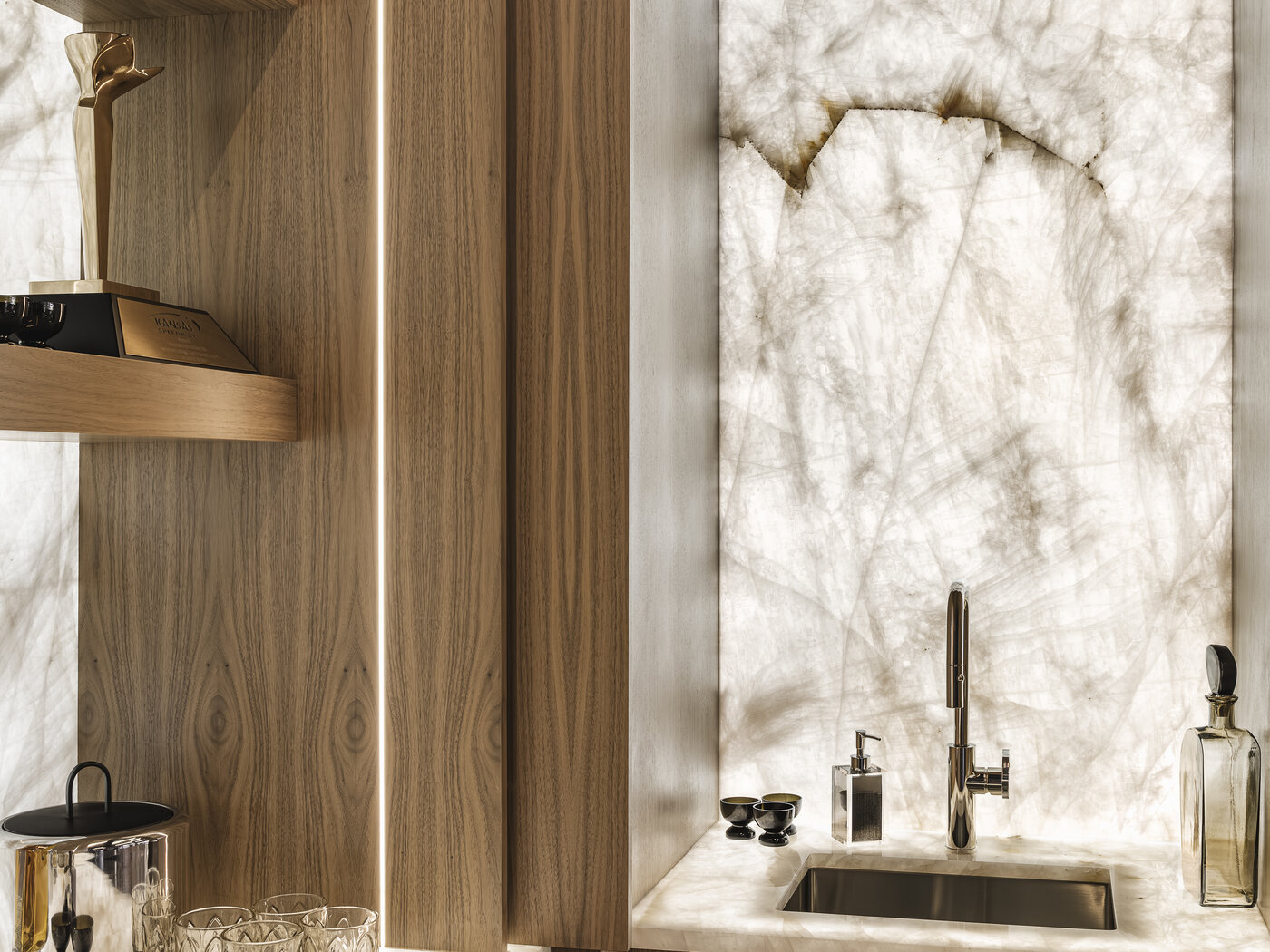 Custom bar millwork with onyx backlighting